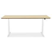 Bureau design assis-debout électrique 'TECH' en bois naturel pieds en métal blanc - 180 x 90 cm
