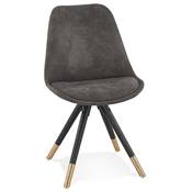 Chaise design 'Modena' en tissu grise avec 4 pieds en bois noir et métal brossé doré