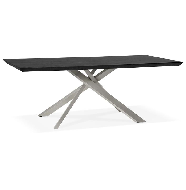 Table de salle à manger design 'Tepee Wood' plateau bois noir pieds en acier brossé - 200 x 100 cm