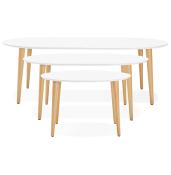 Table / table de réunion extensible ronde scandinave 'Fika' blanche 4 pieds en bois naturel – 120(220) x 120 cm