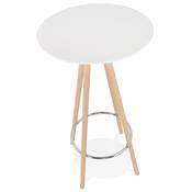 Table de bar haute design ronde 'ASTER' en bois blanc avec 4 pieds en bois naturel et métal chromé