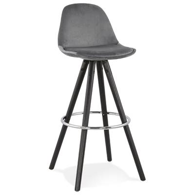 Tabouret de bar 'BLACK CIRCLE' velours gris 4 pieds bois noir repose pieds métal chromé dossier haut