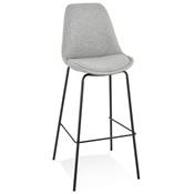 Tabouret de bar moderne 'KESKI' en tissu gris clair 4 pieds et repose pieds métal noir dossier haut