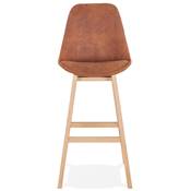 Tabouret de bar design scandinave 'CHAIRMAN' en microfibre marron 4 pieds bois naturel dossier haut