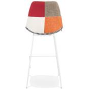 Tabouret de bar 'KESKI' tissu patchwork multicolor 4 pieds et repose pieds métal blanc dossier haut