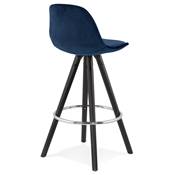 Tabouret snack mi-hauteur 'BLACK CIRCLE MINI' velours bleu 4 pieds bois noir et chromé dossier haut