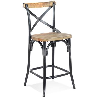 Tabouret snack mi-hauteur vintage 'MAKINA MINI' noyer effet vieilli 4 pieds métal noir dossier haut