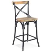 Tabouret snack mi-hauteur vintage 'MAKINA MINI' noyer effet vieilli 4 pieds métal noir dossier haut