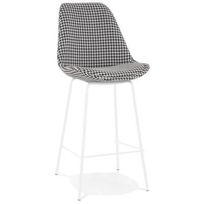 Tabouret de snack mi-hauteur 'KESKI MINI' en tissu pied de poule 4 pieds métal blanc dossier haut