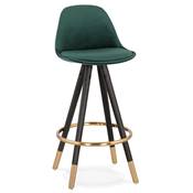 Tabouret snack mi-hauteur 'MODEN MINI' velours vert 4 pieds bois noir pieds métal doré dossier haut