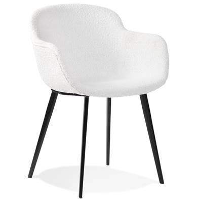 Chaise design lounge à accoudoirs 'NICE' en tissu bouclé blanc avec 4 pieds en métal noir