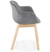 Chaise design à accoudoirs 'MAJESTY' en velours gris et 4 pieds en bois naturel