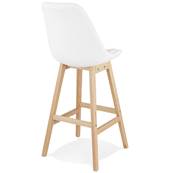 Tabouret de bar design scandinave 'Chairman' en tissu bouclé blanc avec 4 pieds en bois naturel et dossier haut