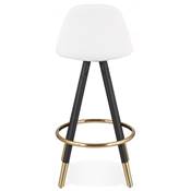 Tabouret de snack mi-hauteur 'Moden Mini' tissu bouclé blanc 4 pieds bois noir et doré dossier haut