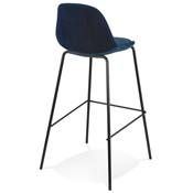 Tabouret de bar design style baroque 'Tekno' en velours bleu 4 pieds en métal noir et dossier haut