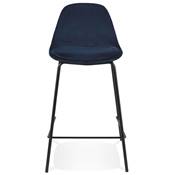 Tabouret snack mi-hauteur style baroque 'Tekno Mini' en velours bleu 4 pieds métal noir dossier haut