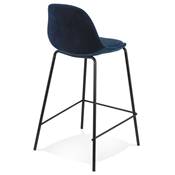 Tabouret snack mi-hauteur style baroque 'Tekno Mini' en velours bleu 4 pieds métal noir dossier haut