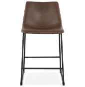 Tabouret de snack mi-hauteur design 'Klub Mini' marron 4 pieds repose pieds acier noir dossier haut