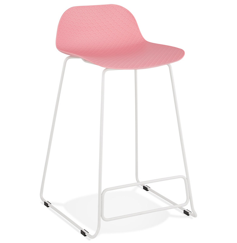 Tabouret de snack mi-hauteur 'Steel Mini' rose pieds tréteaux repose pieds métal blanc dossier bas