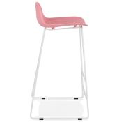 Tabouret de bar design 'Steel' rose pieds tréteaux et repose pieds en métal blanc et dossier bas