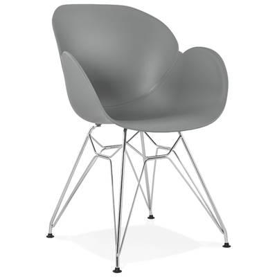 Chaise style industriel design à accoudoirs 'LOTUS' grise avec 4 pieds en métal chromé