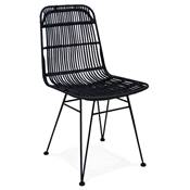 Chaise design 'RATTAN' en rotin noir avec 4 pieds en métal noir et dossier haut