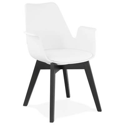 Chaise style scandinave design à accoudoirs 'PRINS' blanche avec 4 pieds en bois noir