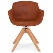 Chaise design style scandinave à accoudoirs 'VOGAN' en microfibre marron avec 4 pieds bois naturel