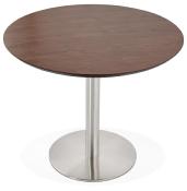 Petite table / table de réunion ronde 'Elea' plateau noyer pied central acier brossé - Ø 90 cm