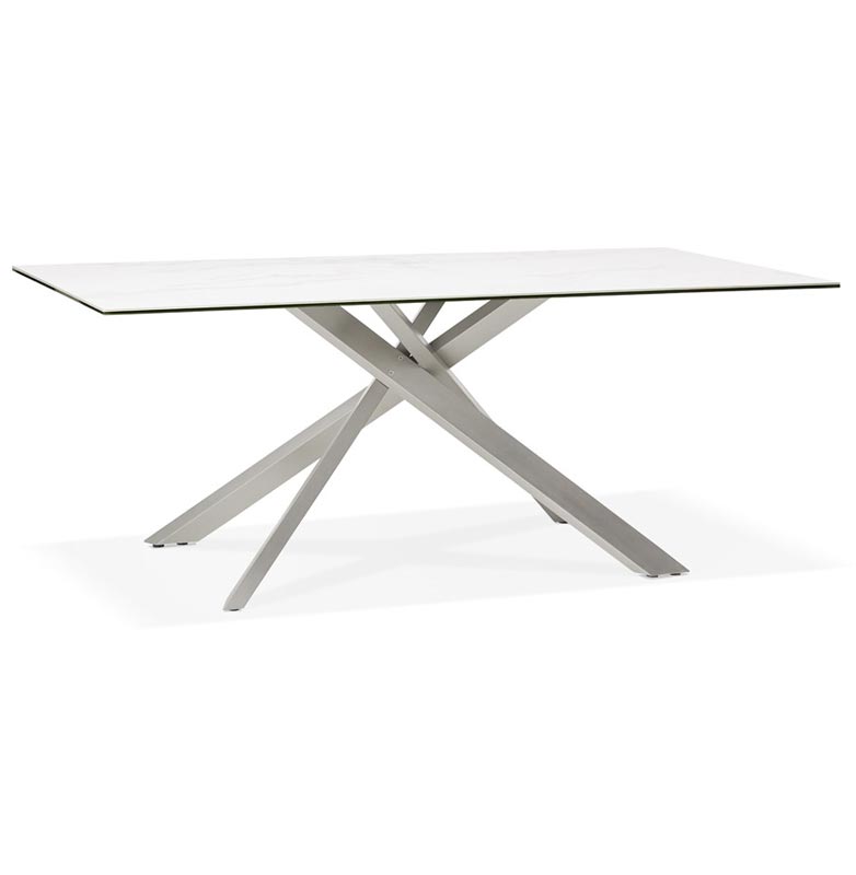 Table de salle à manger 'Tepee Ceram' blanche plateau en céramique pieds acier brossé - 180 x 90 cm
