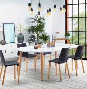 Table / table de réunion extensible ronde scandinave 'Fika' blanche 4 pieds en bois naturel – 120(220) x 120 cm