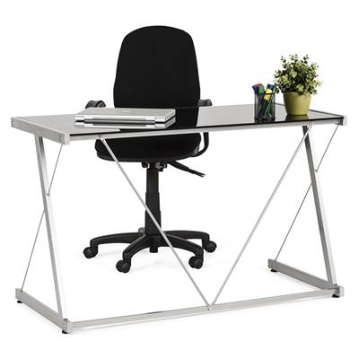 Bureau droit design 'View' en verre trempé pieds en métal gris - 120 x 70 cm