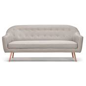 Canapé droit 3 places design scandinave 'Wellington' en tissu gris capitonné pieds bois ou cuivre