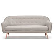 Canapé droit 3 places design scandinave 'Wellington' en tissu gris capitonné pieds bois ou cuivre