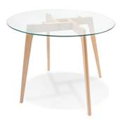 Petite table à diner ronde scandinave 'LITEN' plateau en verre et 4 pieds bois naturel - Ø 100 cm