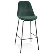 Tabouret de bar baroque 'KESKI' en velours vert 4 pieds et repose pieds en métal noir dossier haut