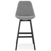 Tabouret de bar design 'CHAIRMAN BLACK EDITION' tissu pied de poule 4 pieds bois noir dossier haut