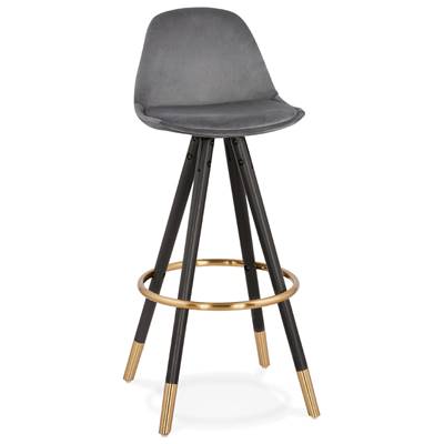 Tabouret de bar 'MODEN' velours gris 4 pieds bois noir repose pieds et pieds métal doré dossier haut