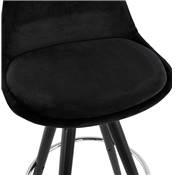 Tabouret de bar 'BLACK CIRCLE' velours noir 4 pieds bois noir repose pieds métal chromé dossier haut