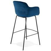 Tabouret de bar design à accoudoirs moderne 'CARINO' en velours bleu avec 4 pieds en métal noir