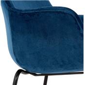 Tabouret de bar design à accoudoirs moderne 'CARINO' en velours bleu avec 4 pieds en métal noir
