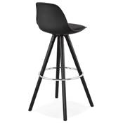 Tabouret de bar 'BLACK CIRCLE' noir 4 pieds en bois noir repose pieds en métal chromé dossier haut