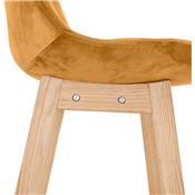 Tabouret de bar design scandinave 'CHAIRMAN' en velours moutarde 4 pieds bois naturel dossier haut