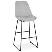 Tabouret de bar 'GUSTO' tissu gris clair pieds tréteaux et repose pieds métal noir dossier haut