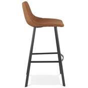 Tabouret de bar design 'KAFTY MINI' en microfibre marron avec 4 pieds en métal noir dossier haut