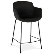 Tabouret de snack mi-hauteur à accoudoirs 'CARINO MINI' tissu noir 4 pieds métal noir dossier haut