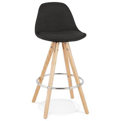 Tabouret de snack mi-hauteur scandinave 'CIRCLE MINI' tissu noir 4 pieds bois et chromé dossier haut