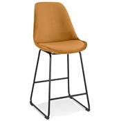 Tabouret de snack mi-hauteur 'GUSTO MINI' velours moutarde pieds tréteaux en métal noir dossier haut