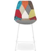 Tabouret de snack mi-hauteur 'KESKI MINI' tissu patchwork mulitcolor 4 piedsmétal blanc dossier haut