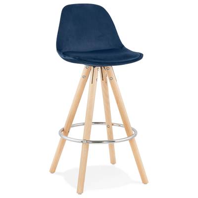 Tabouret snack mi-hauteur scandinave 'CIRCLE MINI' velours bleu 4 pieds bois et chromé dossier haut